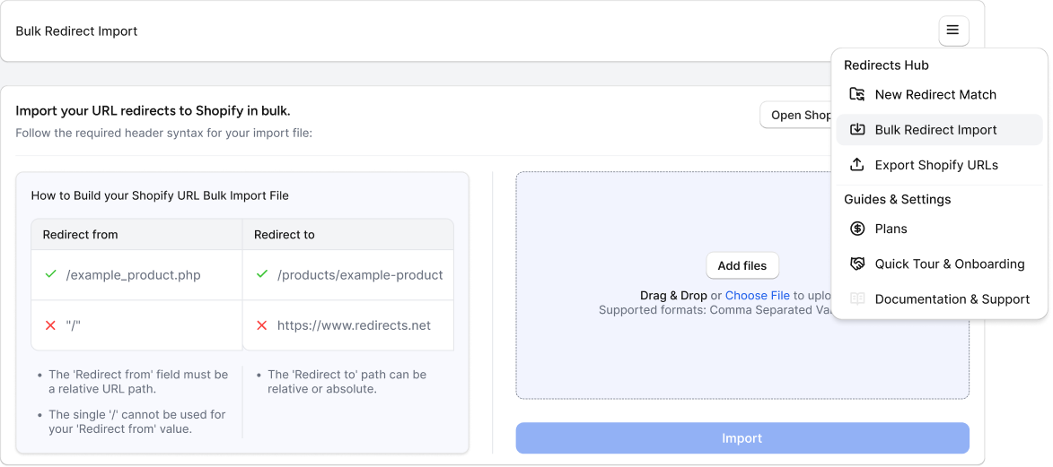Import redirects interface